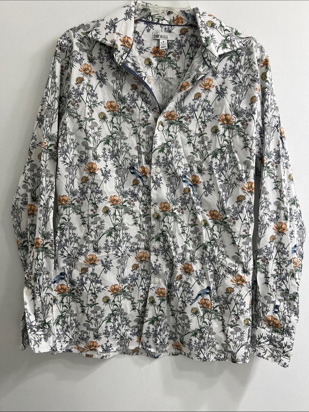 Bar III White Button-Down Shirt with Orange Floral and Green Foliage